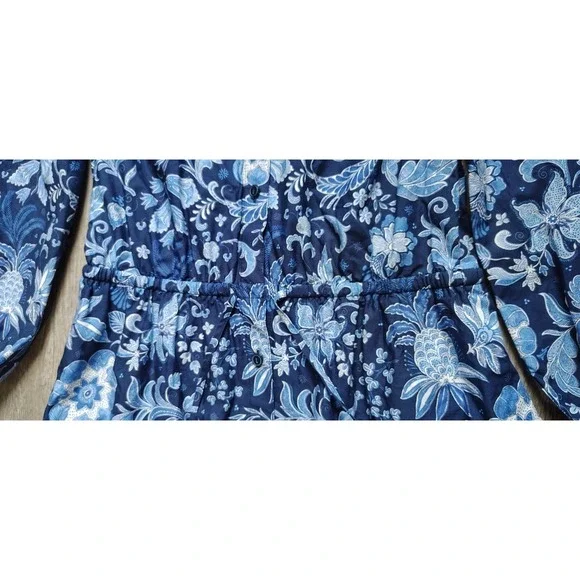 Talbots Dress 4P Womens Blue Floral A Line 3/4 Balloon Sleeve Drawstring Waist - Picture 7 of 14